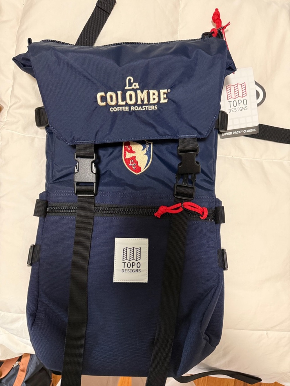 Topo Designs Navy Backpack with Red Cord Accents and La Colombe Patch